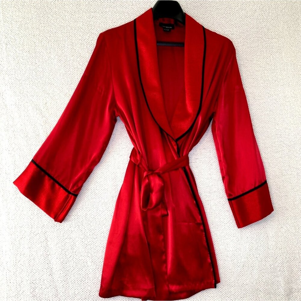 Jones New York Red Satin Robe Black Trim Tie Front L/XL